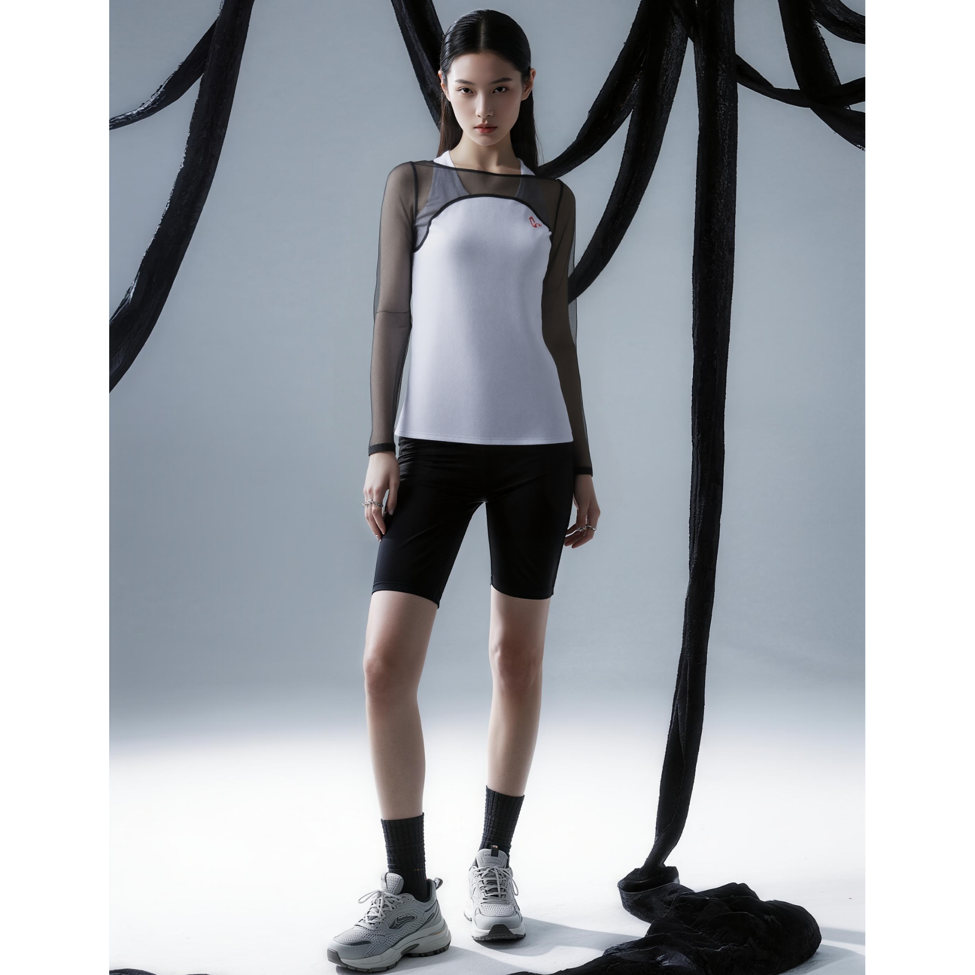 中国红蕴运动纱肩袖女长袖防臭连体跑步修身型中国风黑色速干网纱