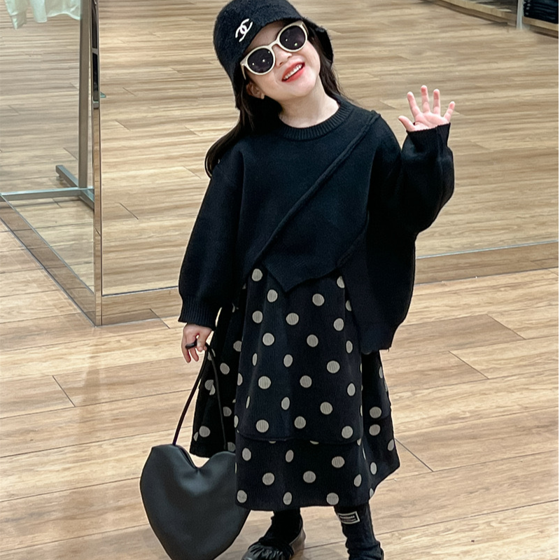 韩版童装女童秋冬加厚不规则设计纯色宽松毛衣波点半身裙两件套潮