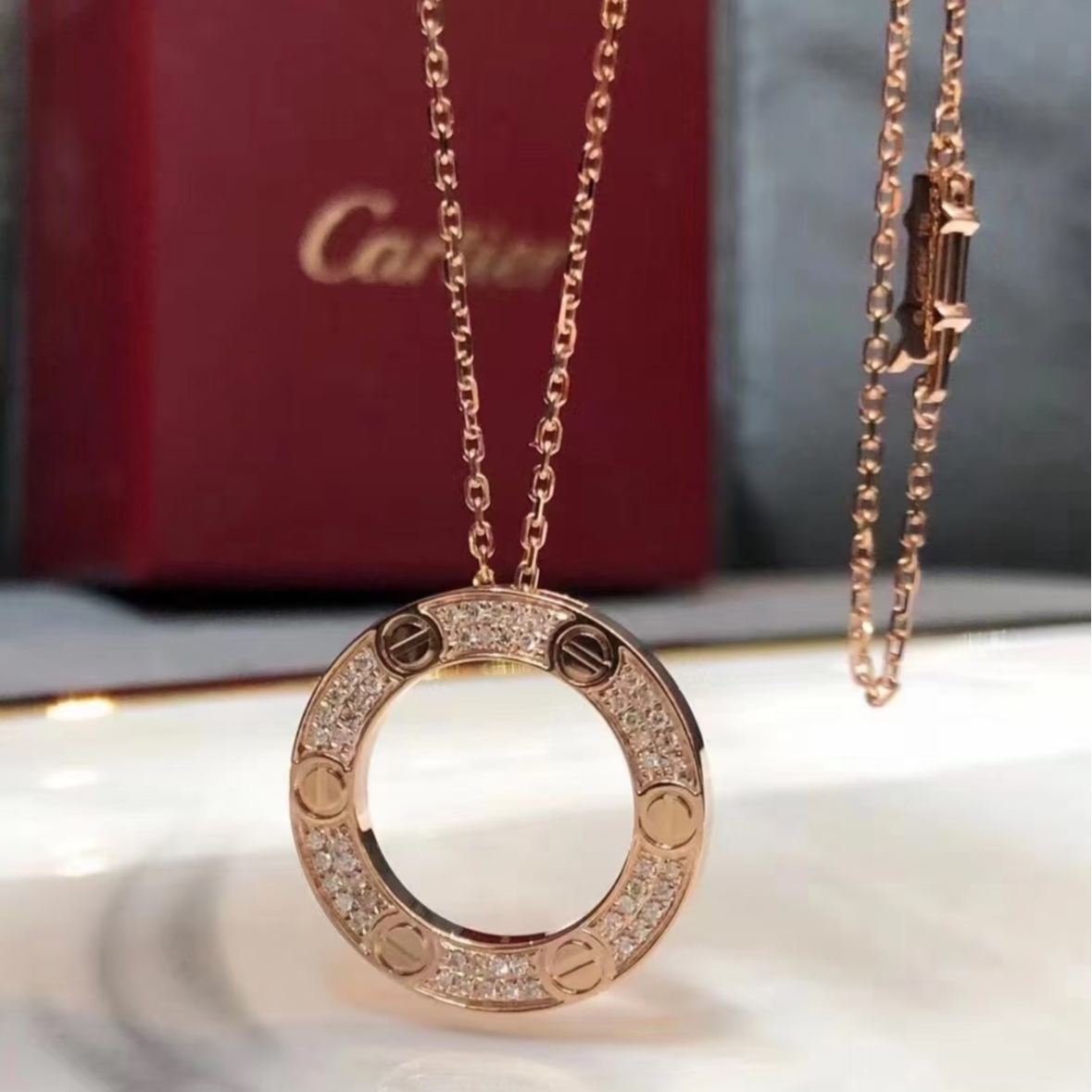 99新 Cartier/卡地亚 小花柳 LOVE 18K玫瑰金 大圆饼满钻项链