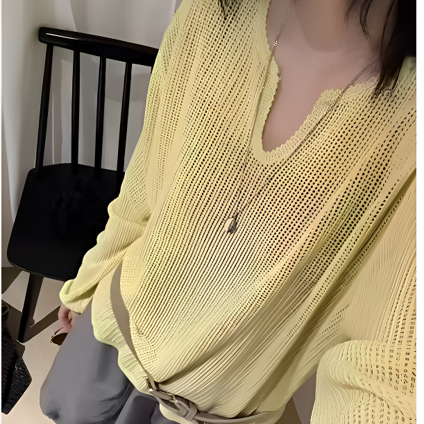 C【301-399】短款女时尚镂空羊毛针织衫宽松套头V领