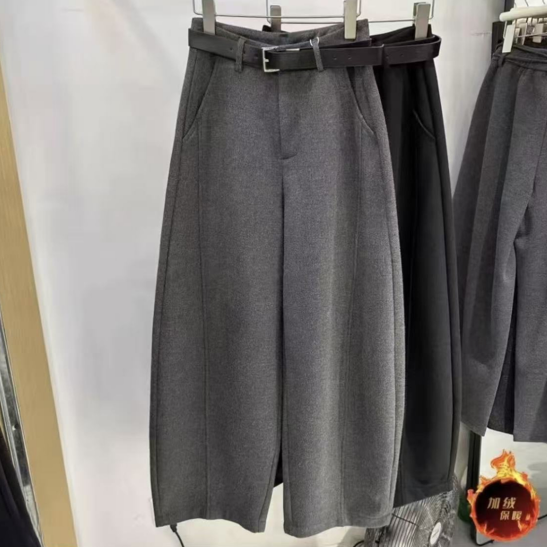 高级极简风秋冬新款加绒毛呢高腰弯刀直筒休闲裤女百搭西装阔腿裤