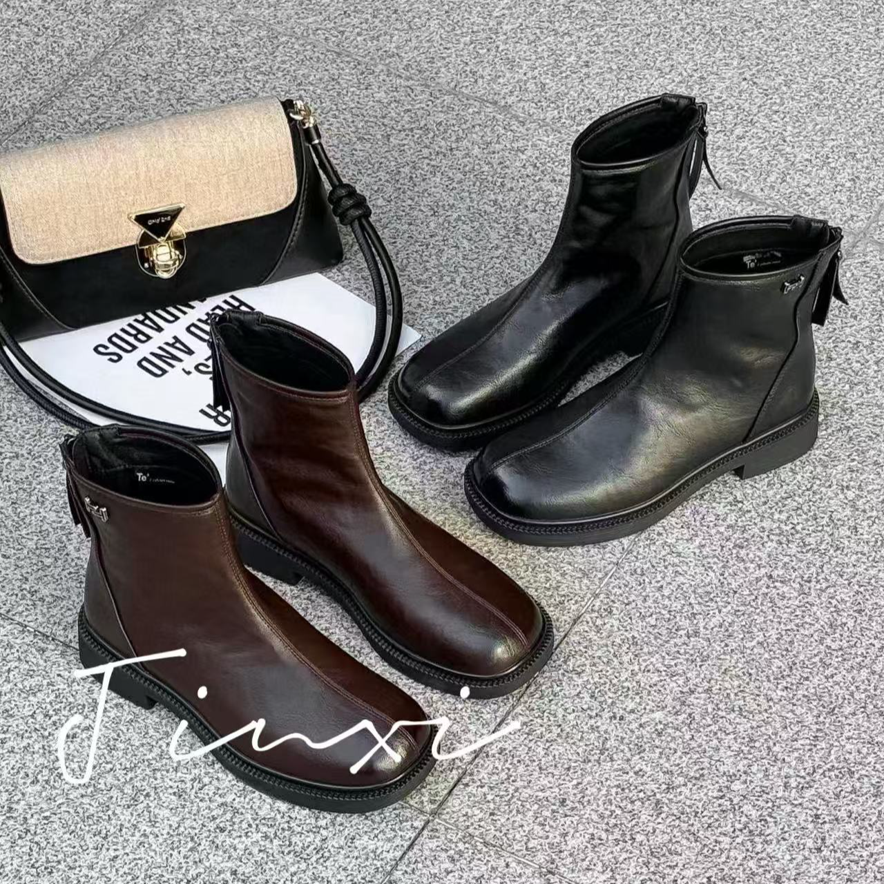 韩系方头休闲平底后拉链短靴-HGX2511039