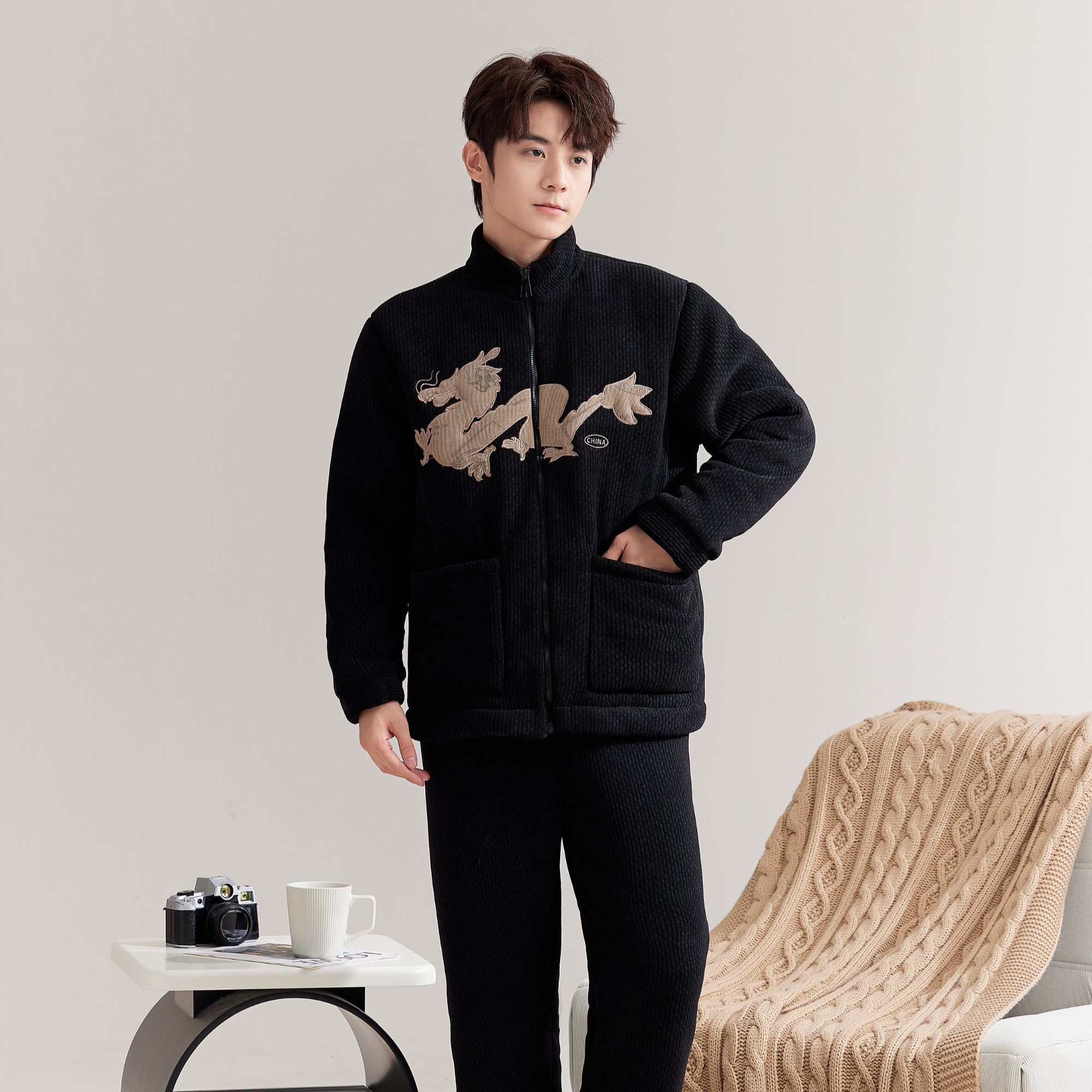 《国风男装》男士高端定制系列家居服男士睡衣三层加绒加厚冬季套