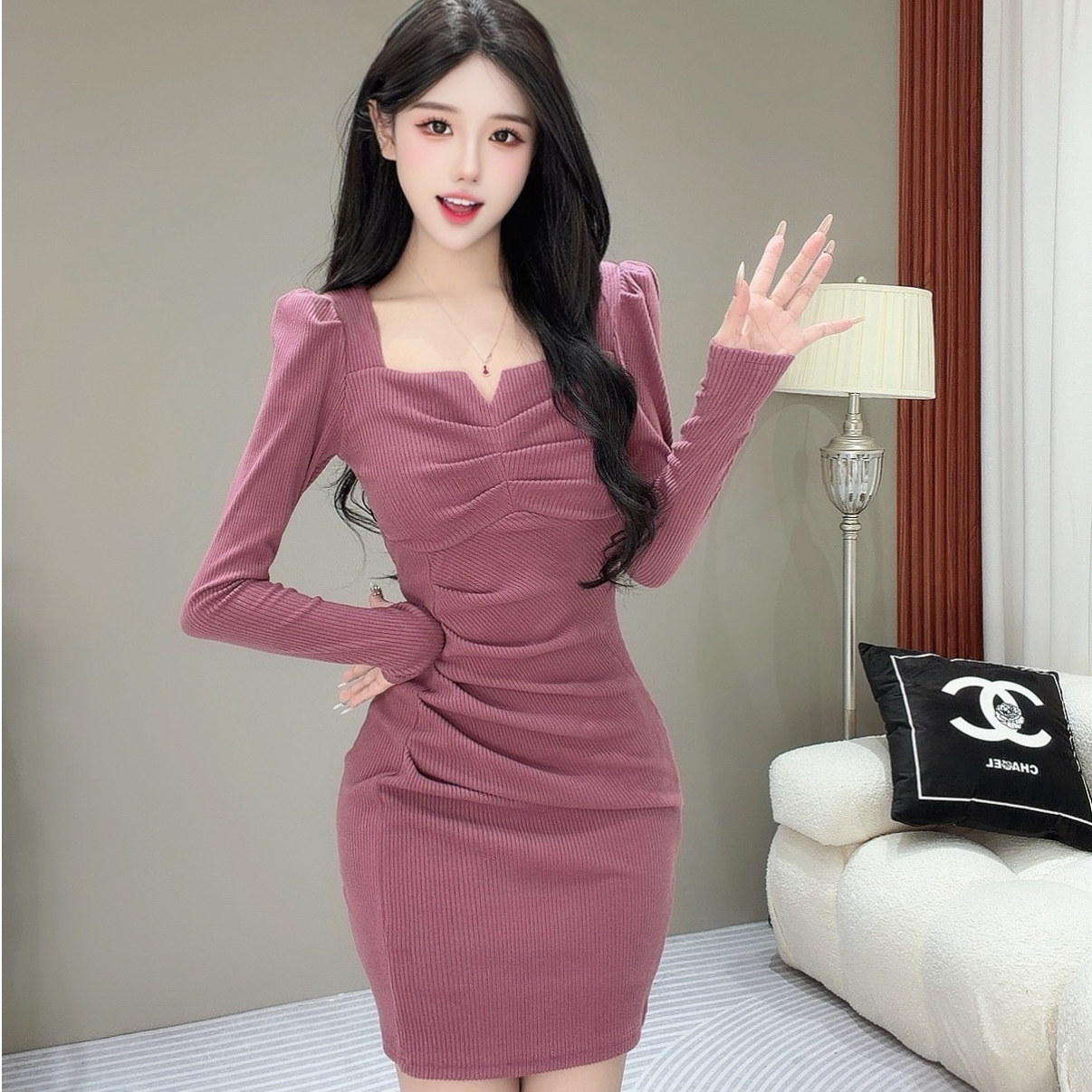 冬款方V领气质厚款长袖打底连衣裙女秋冬显瘦收腰包臀裙YLJ-0141