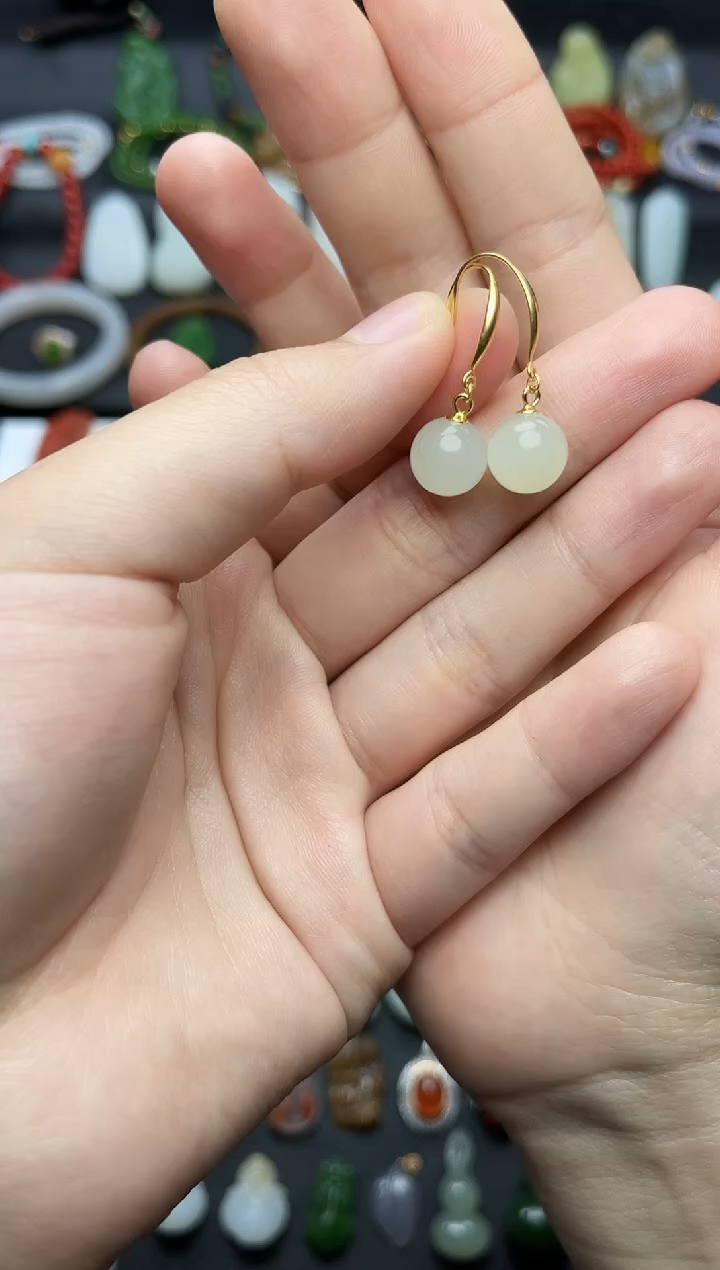 银S925镶嵌和田玉耳饰圆珠耳钩06