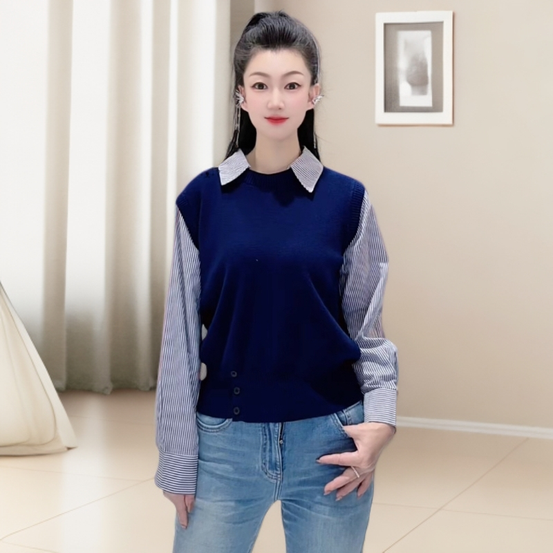 方领撞色春季翻领秋季假两件女装短袖毛针织衫女条纹毛衣