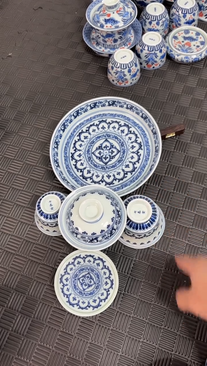 盖碗瓷永**败景德镇陶瓷茶具青花宝相五件套