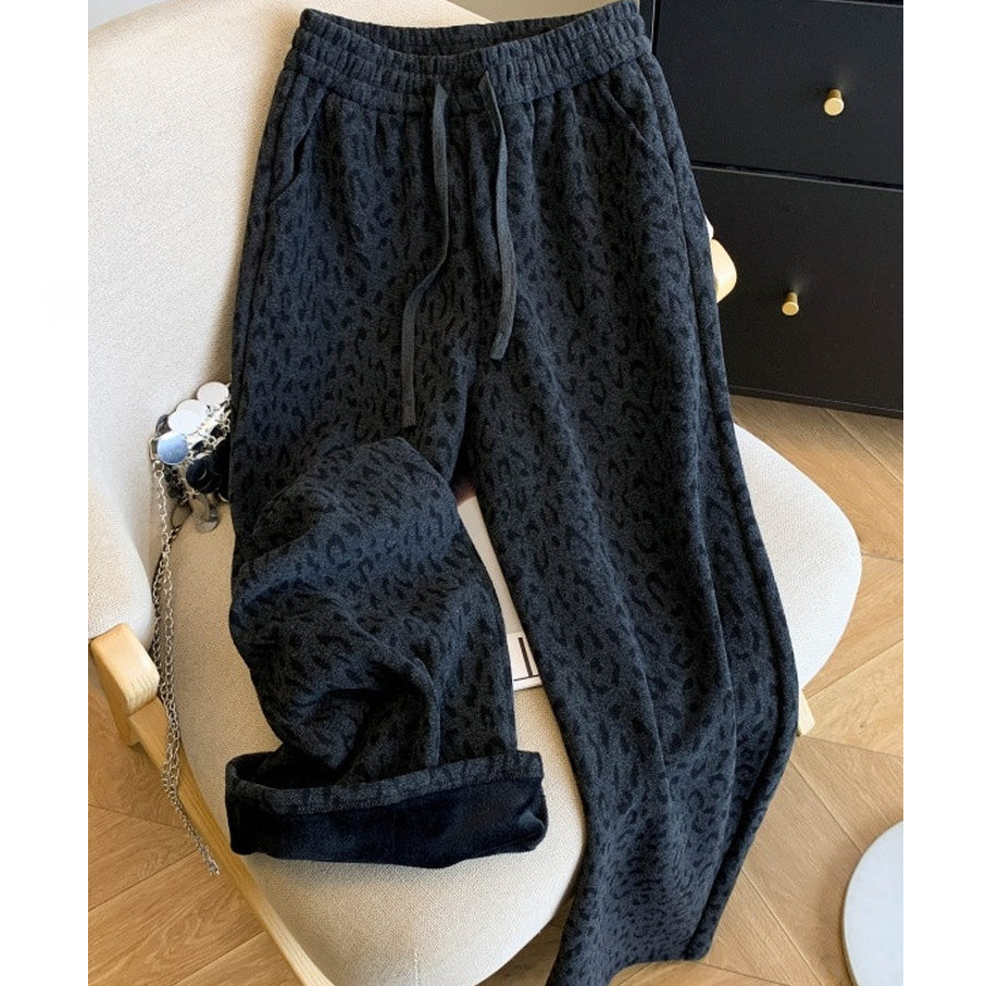 慵懒风豹纹阔腿休闲裤女秋冬新款梨形身材宽松显瘦加绒窄版直筒裤