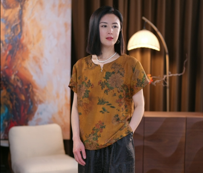 【江火】香云纱短袖女印花100桑蚕丝简单款短袖新款女装夏