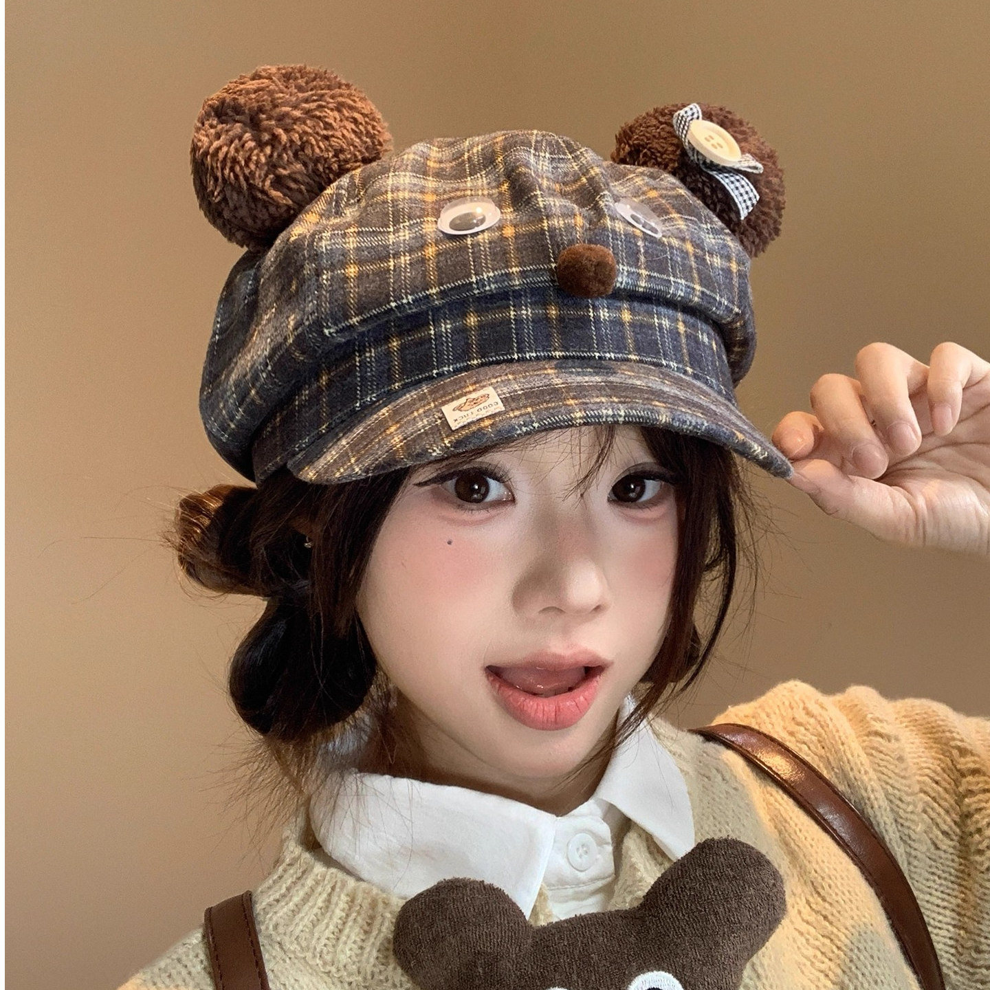 复古日系格纹小熊耳朵贝雷帽女秋2025新款小众俏皮可爱百搭画家帽