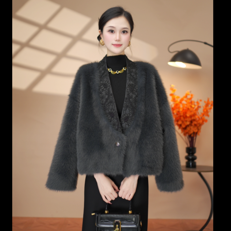 【明星同款—金标正品】秋冬季设计师版轻奢雪兰貂外套气质女装-9826