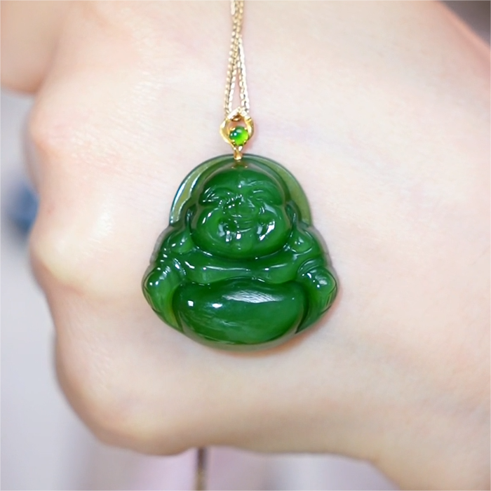 【芒心珠宝】天然和田玉18K金镶嵌碧玉28mm佛公吊坠