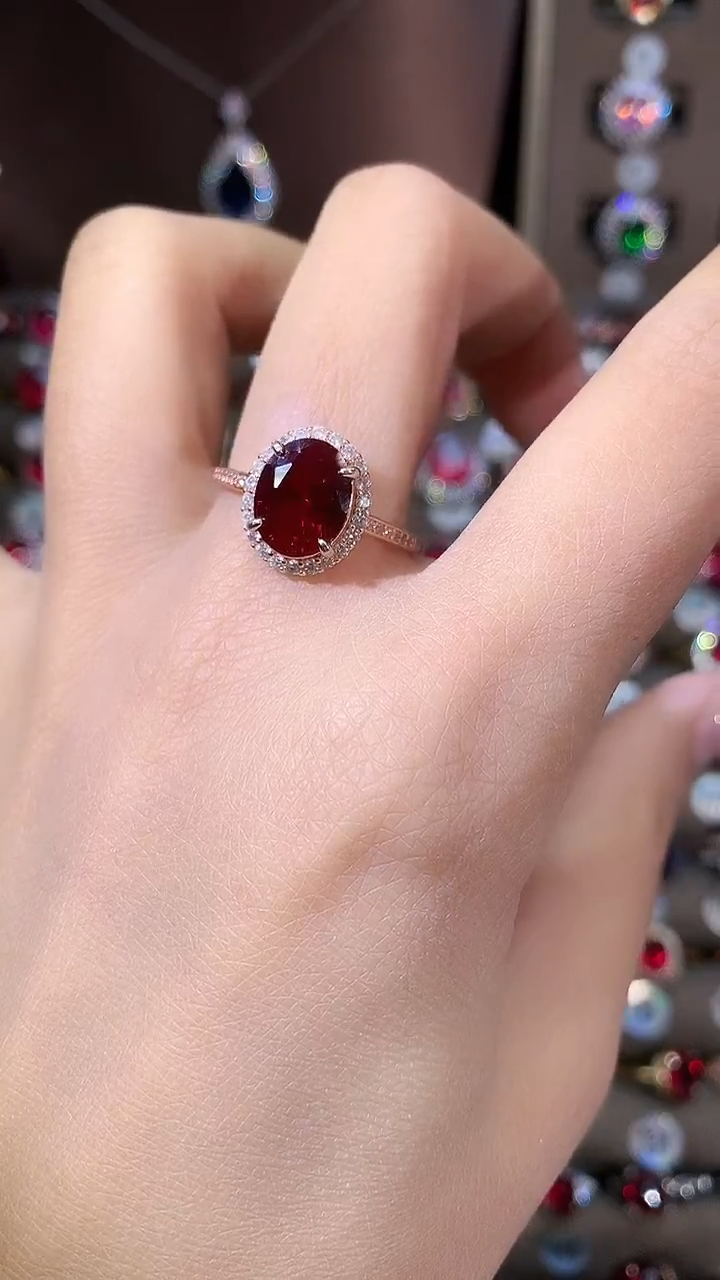 银S925镶嵌戒指红宝石810酒红玫瑰金