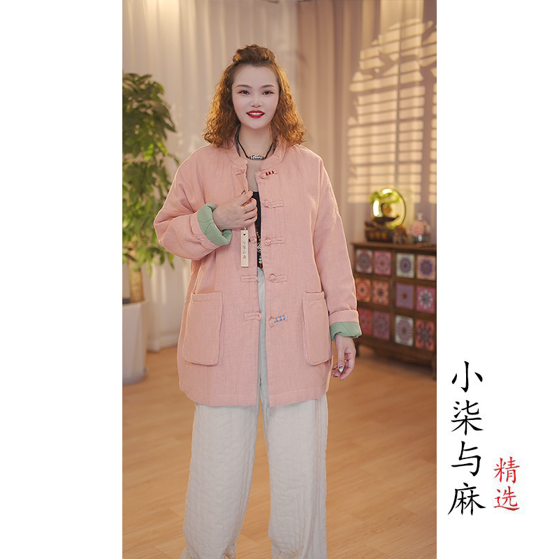 【小柒与麻】秋冬亚麻多层夹棉立领盘扣棉服（衣长72cm胸围140cm）