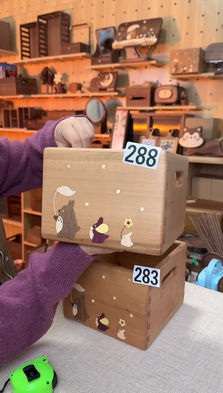 木288微瑕樱桃木龙猫方形收纳筐