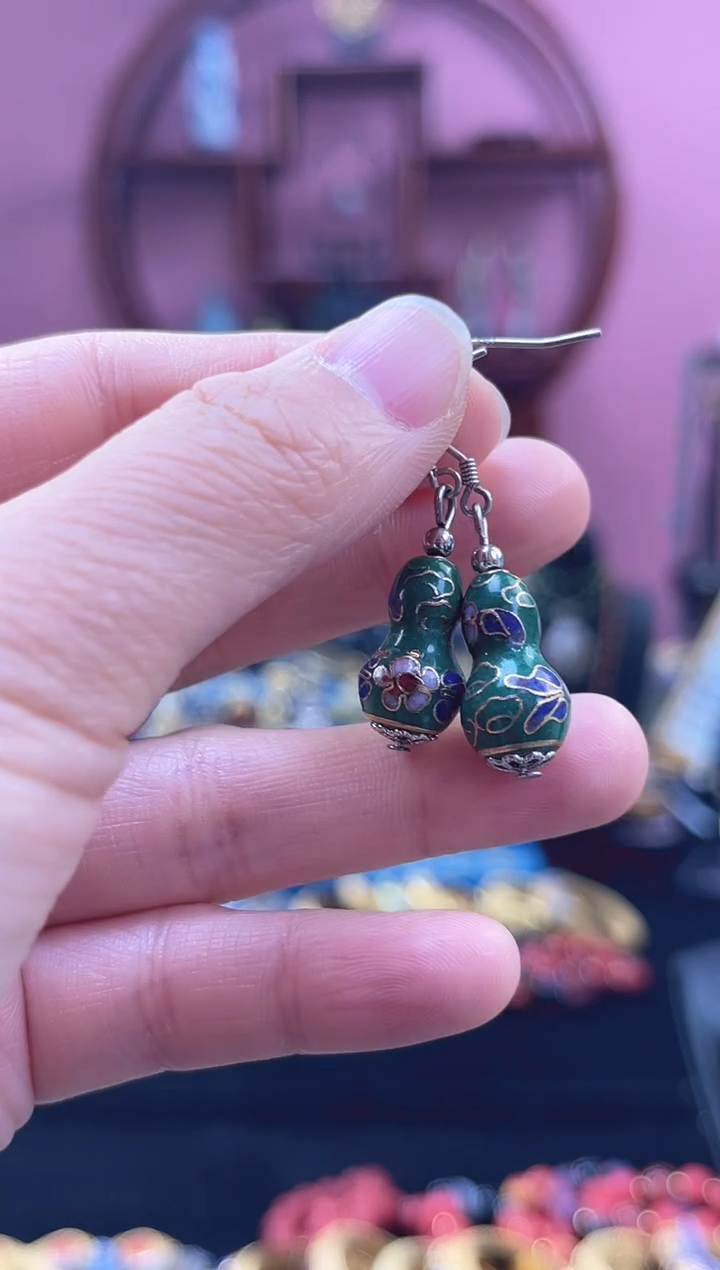 非遗 景泰蓝 耳环 葫芦 墨绿