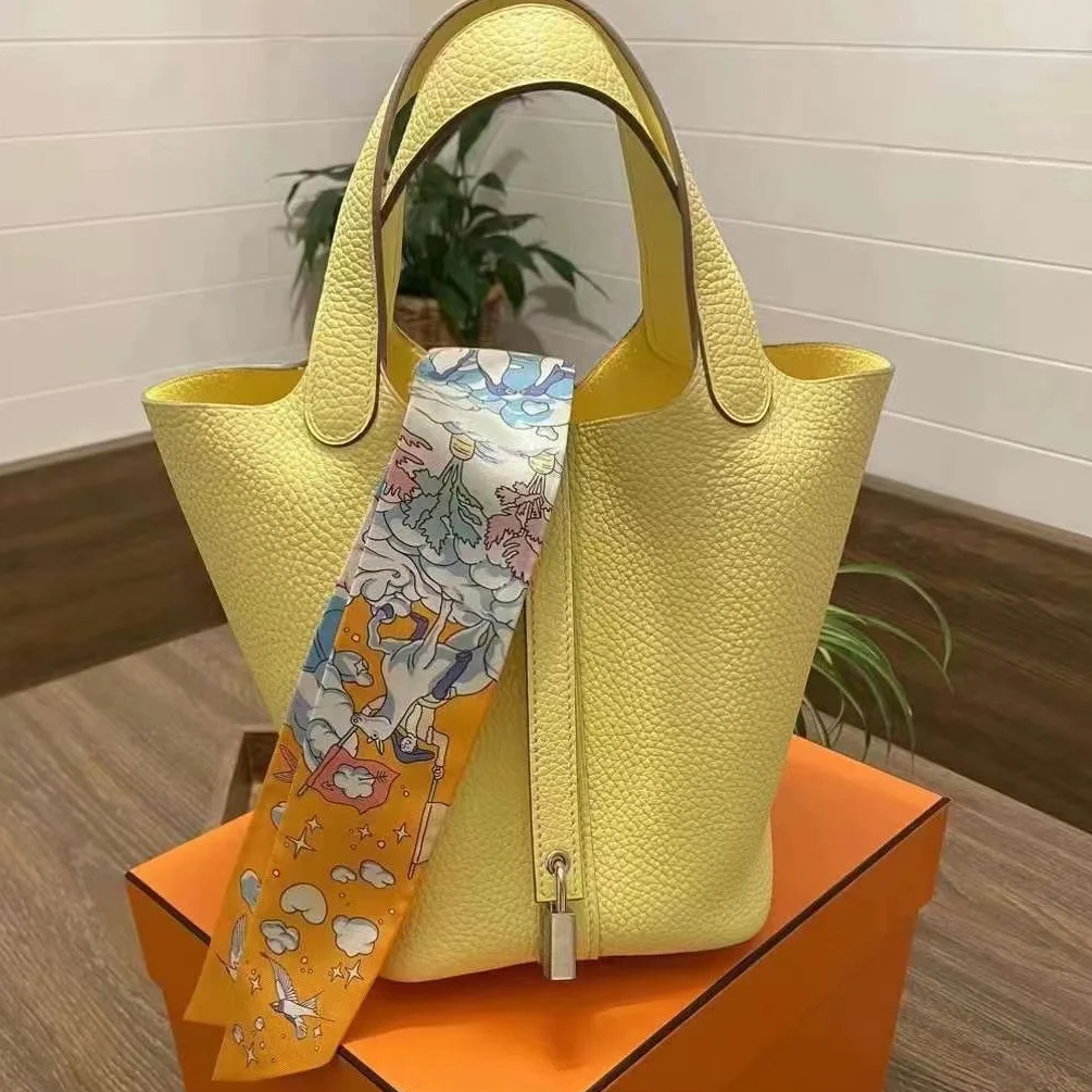 99新 Hermes/爱马仕 小花6欢 菜篮子 22 柠檬酒黄 TC皮 B刻银扣包
