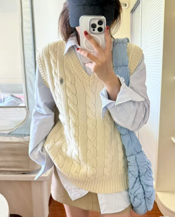 【小马麻花背心】V领刺绣美式马甲针织复古外搭