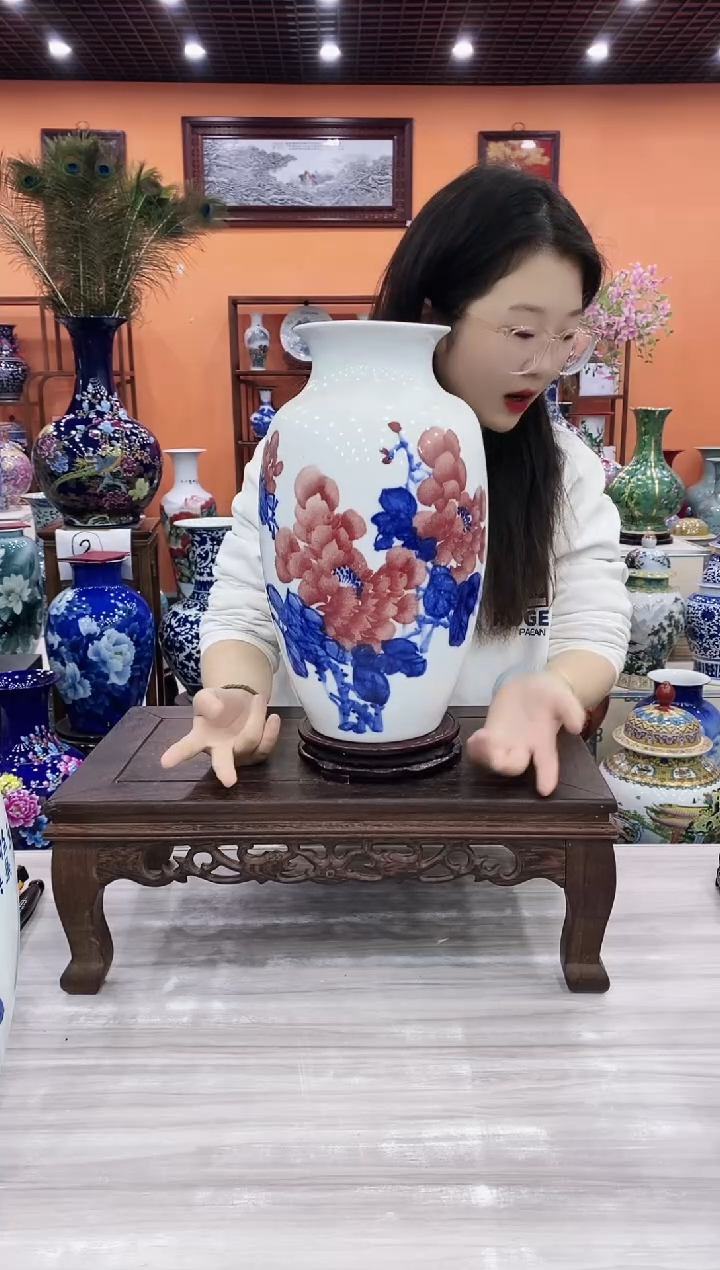 摆件彭小清《花开富贵》冬瓜瓶+旋转底座