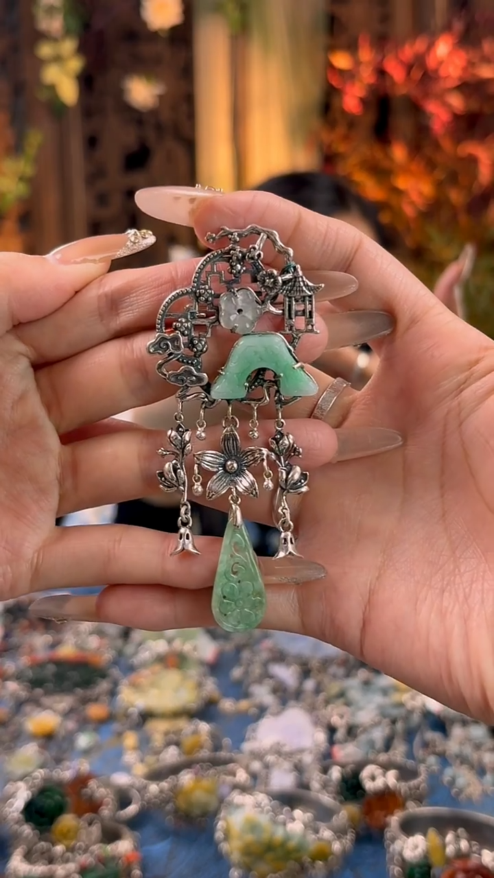 银S925镶嵌挂件翡翠胸针