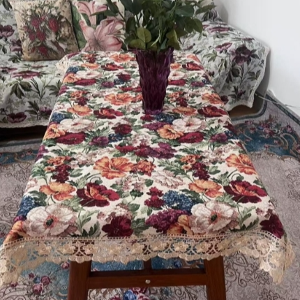 ZN102-106棉麻交织布【90*150】米白色百花齐放水溶边桌布茶几布