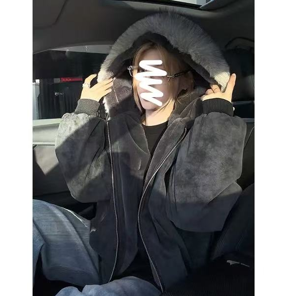 小卓 冬季新款大理石座山雕连帽绒毛外套男女加厚保暖棉服22973