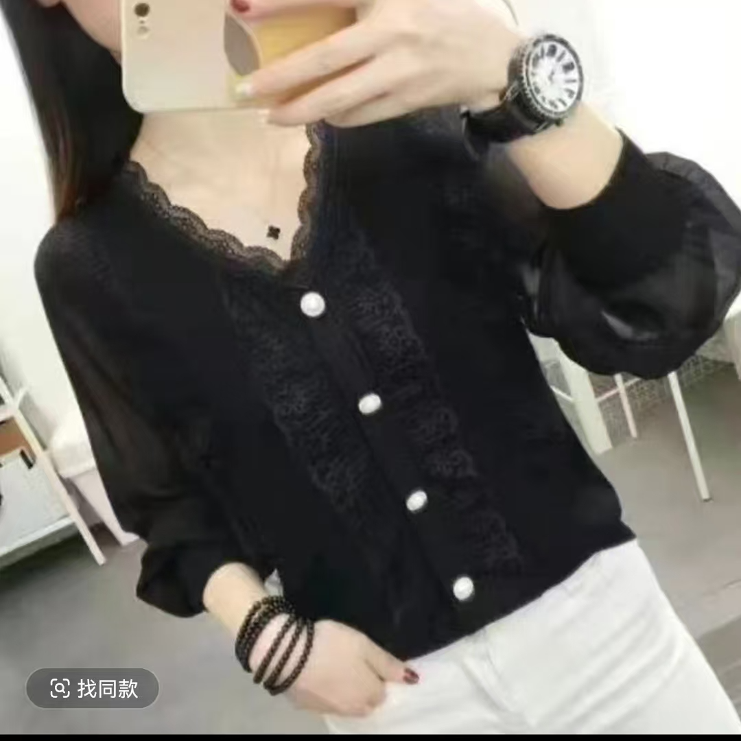 【新款福利】打底衫黑色秋季时尚蕾丝显瘦洋气百搭v领t恤气质长袖