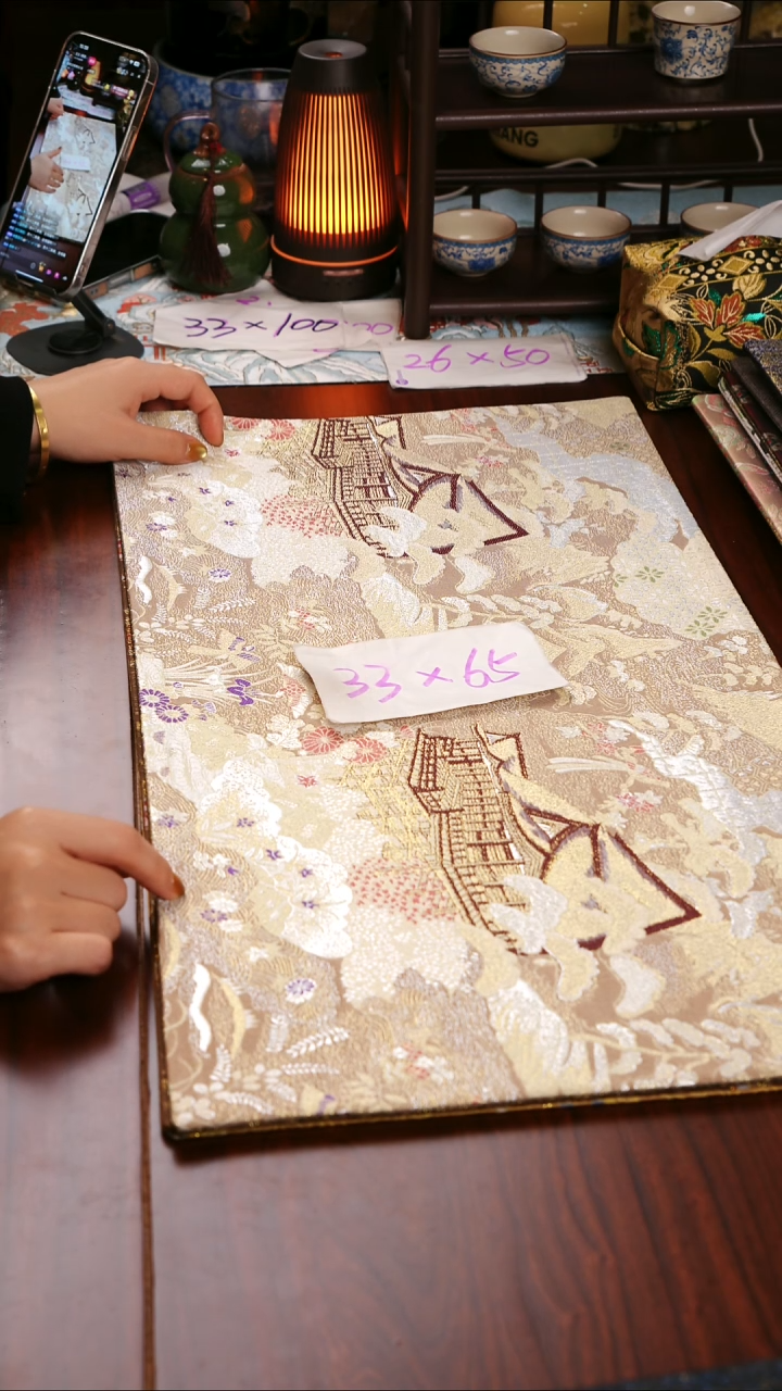 【西阵织亭台楼阁浅咖双面】中国风干泡织锦茶席33*65
