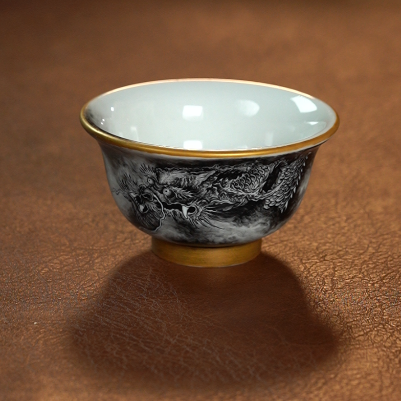 琅轩瓷语景德镇手工手绘御墨鎏金压手杯茶具茶杯主人杯客杯
