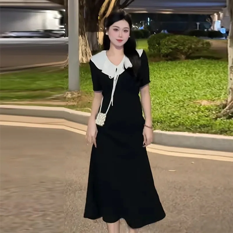 （现货）夏季法式复古荷叶领收腰鱼尾设计连衣裙百搭显瘦小黑裙1469