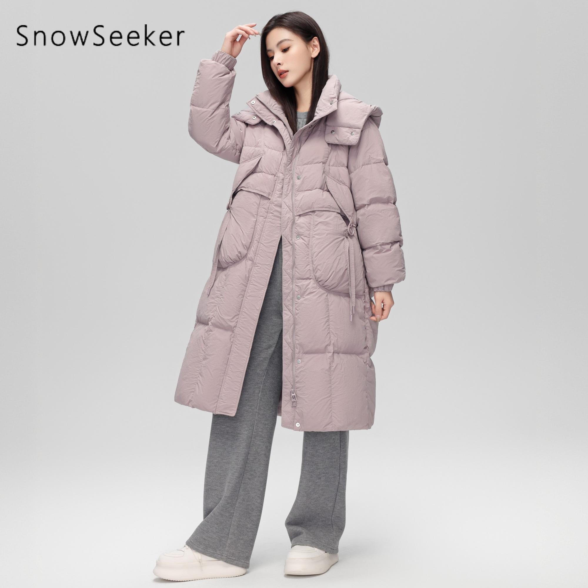 探雪者女士长款连帽大口袋羽绒服TSD2414