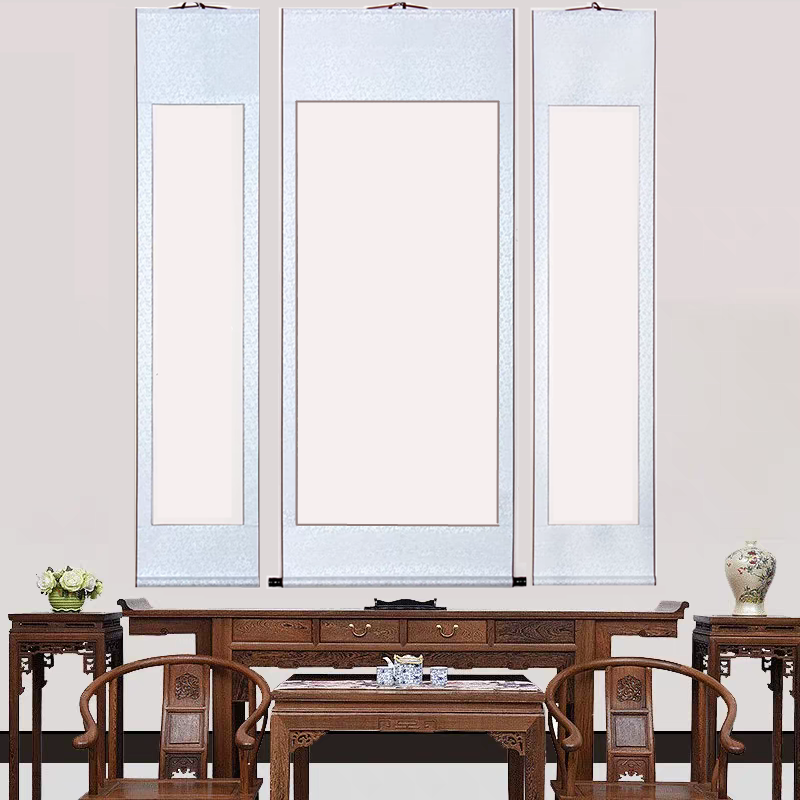 【1套3幅】全绫精装裱空白画轴中堂加对联宣纸画轴书法国画专用竖轴