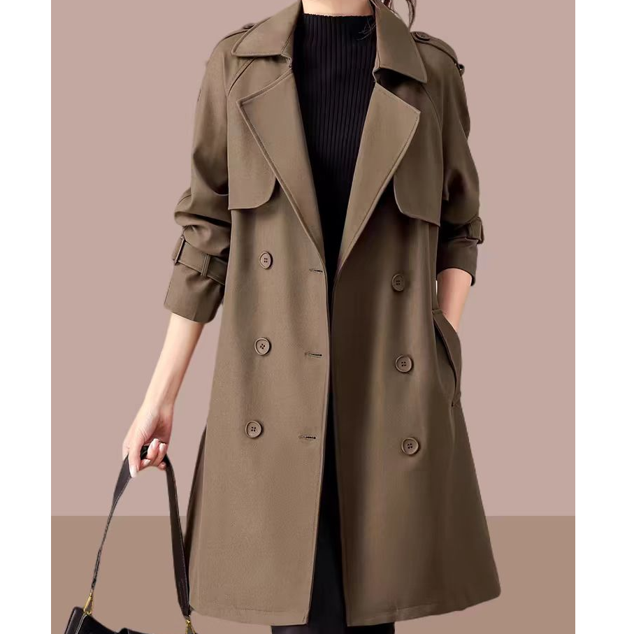 中长款女欧美风纽扣秋季杭州风衣气质双排扣时尚大衣春秋风衣