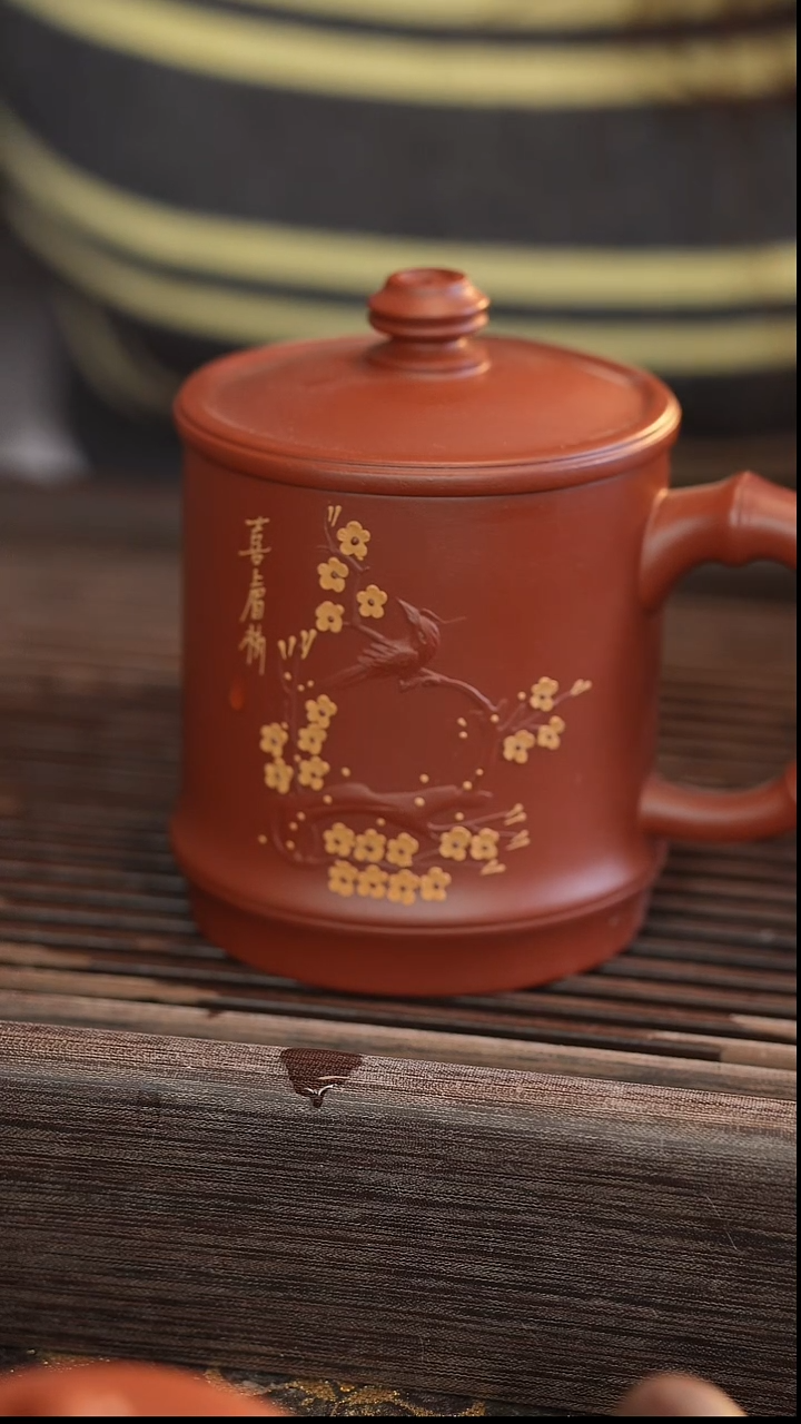 茶壶紫砂大红袍竹节盖杯喜上眉梢梅花鸟300cc