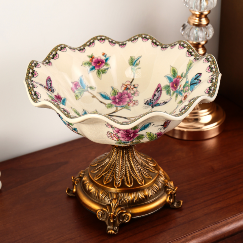 出口迪拜陶瓷冰裂纹果盘合金欧式陶瓷果盘轻奢高档家用创意精致