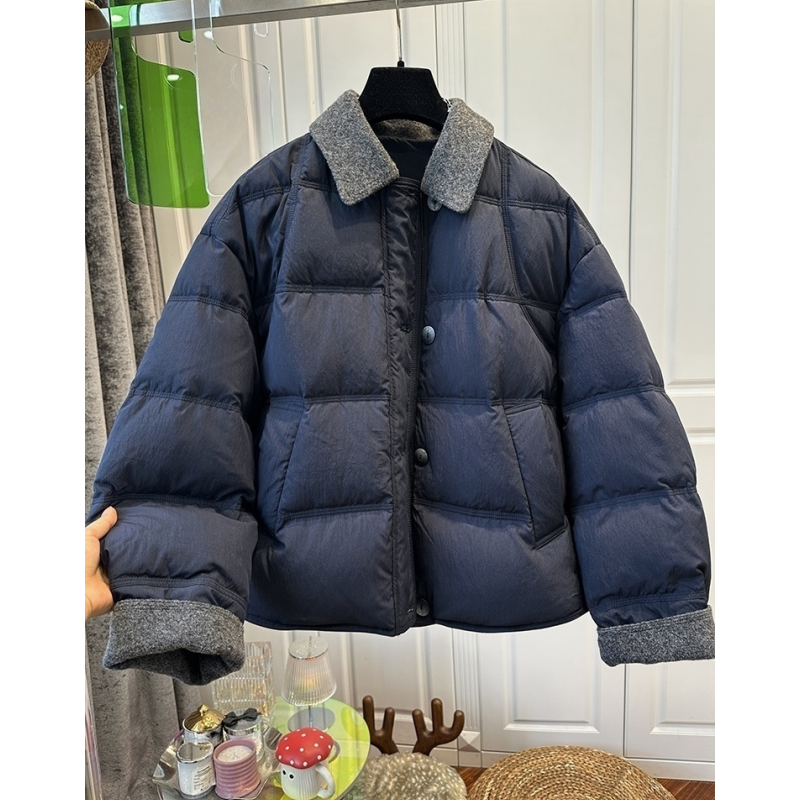 简约通勤风呢料翻领拼接面包服女外套单排扣宽松慵懒2025冬季新款