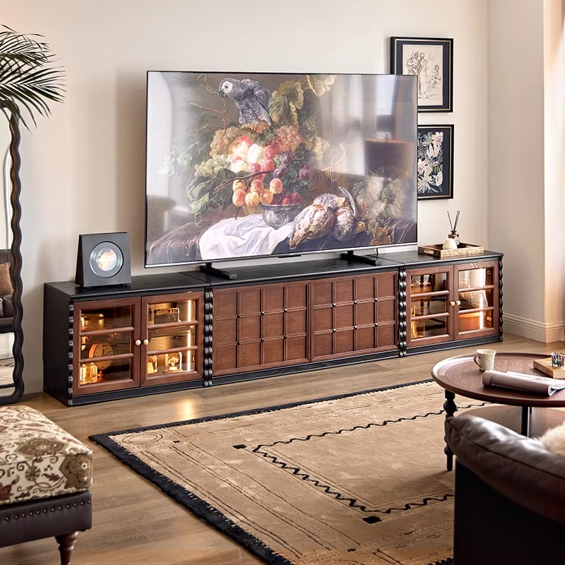 双旦美式中古风电视柜客厅新款实木展示柜骨骼线落地柜家用储物柜