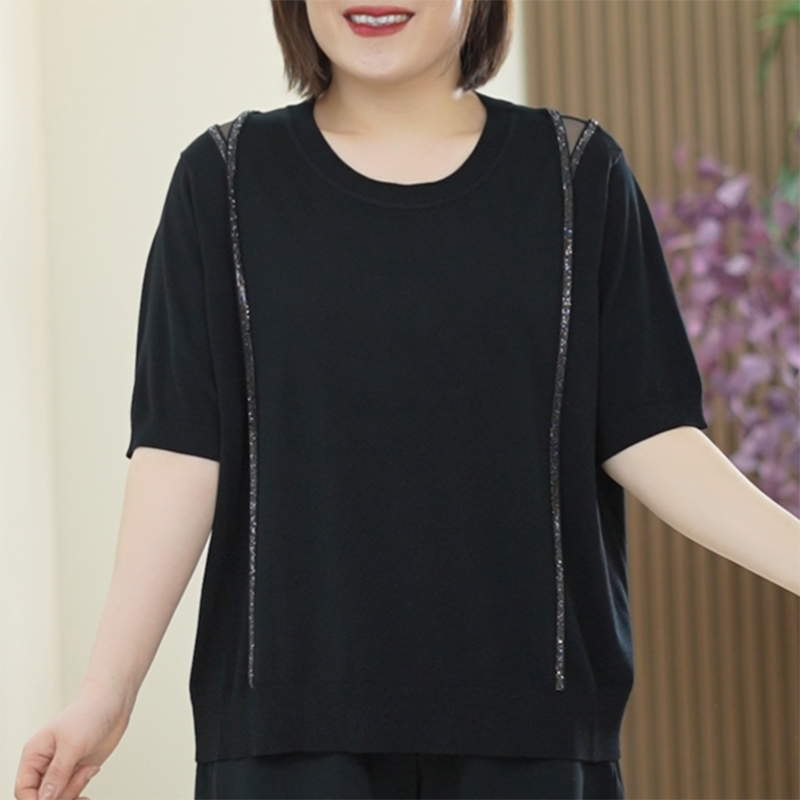 强捻冰感纱T恤女大码弹力烫钻优雅显瘦拼网纱夏季上衣针织衫罩衫