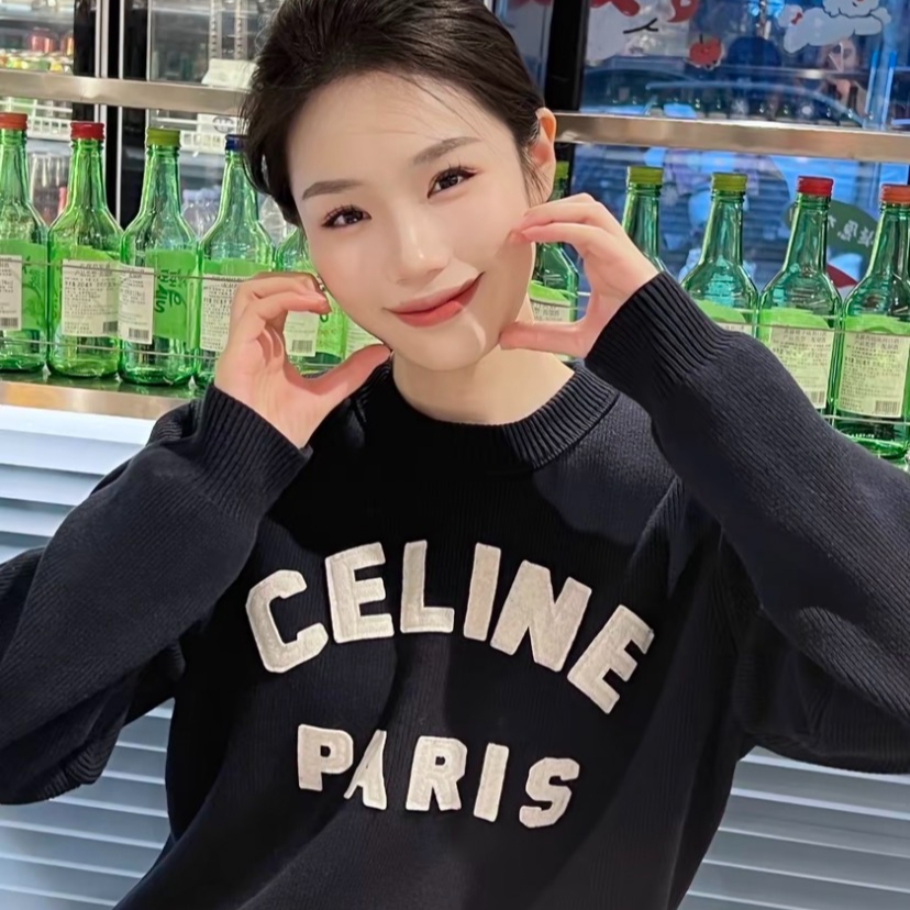 99新 Celine/思琳 CM0127 深蓝色圆领长袖针织毛衣 M码