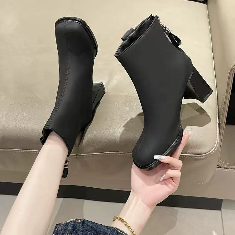 W1E566短靴女秋冬新款高跟女鞋小个子秋冬瘦瘦靴子粗跟 薄绒