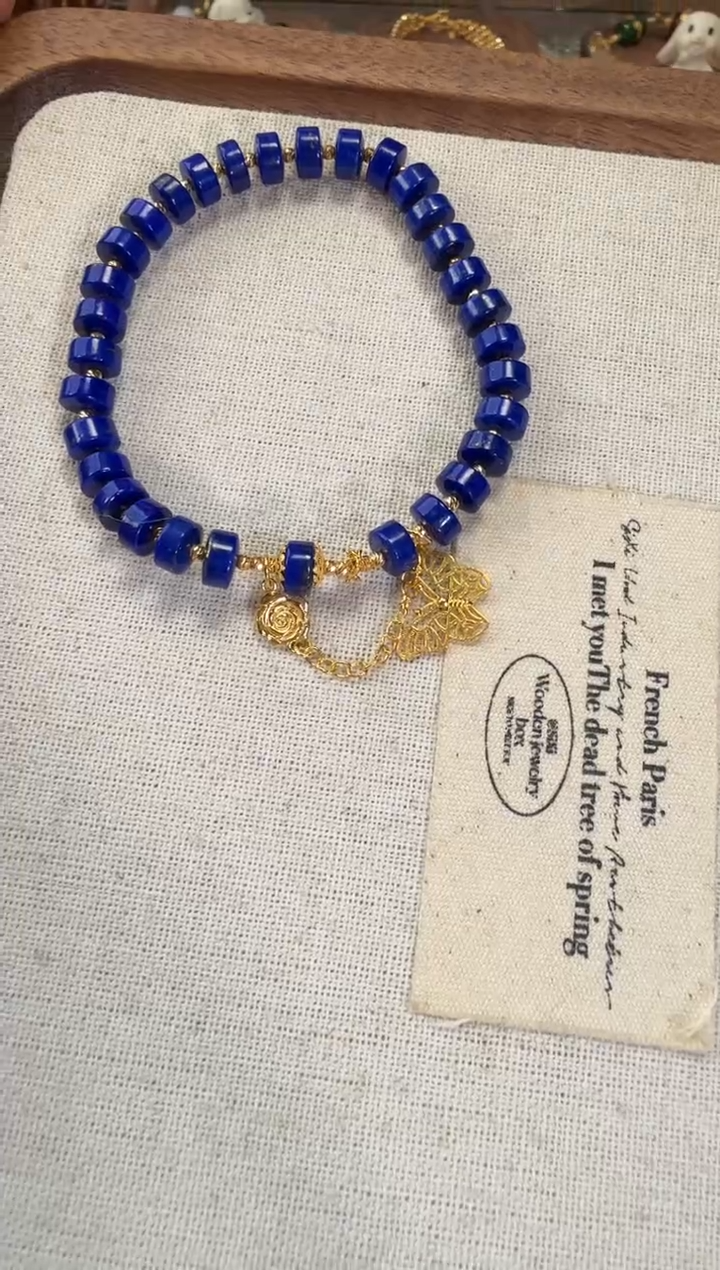 18K金镶嵌青金石手链全金直切链条蝴蝶流苏