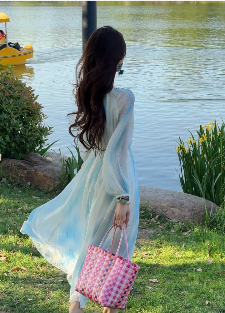 2025年新款彩系夏季甜美收腰显瘦连衣裙法式优雅大摆度假长裙6611