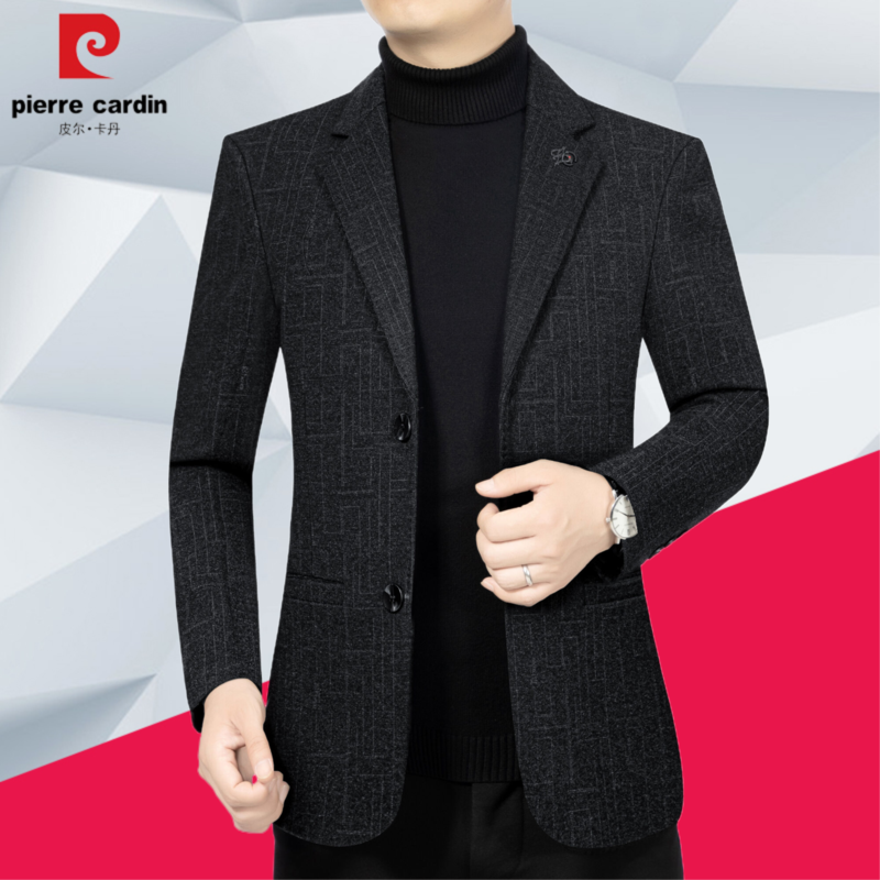 皮尔卡丹春秋休闲男装修身西装外套中年男高档毛料西服商务爸爸装