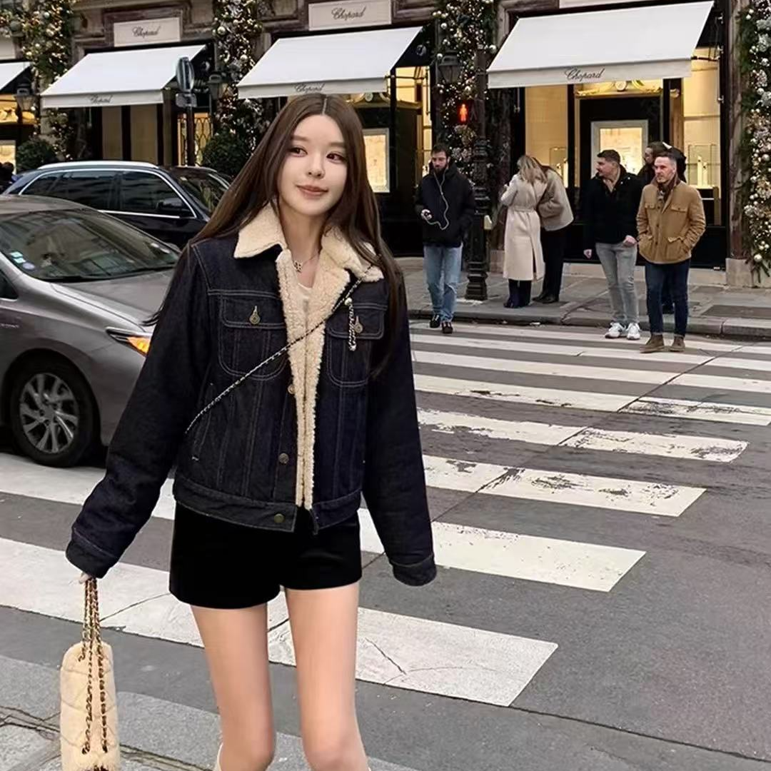 原色牛仔加绒牛仔外套明线女仿羊羔毛加厚保暖牛仔棉服2265