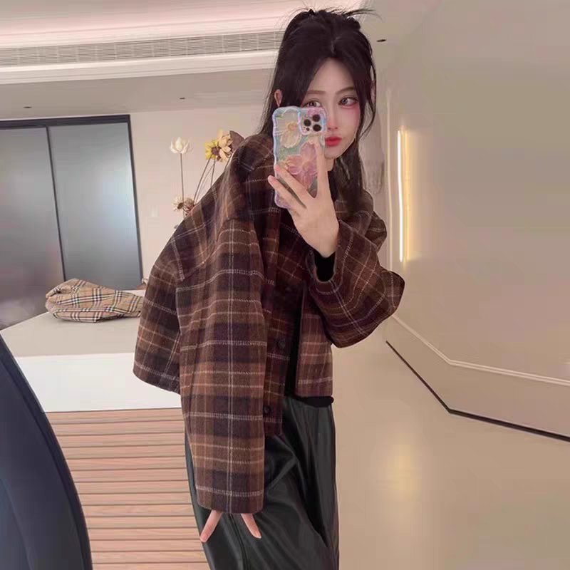 复古格子双面羊毛大衣时尚单排扣茧型短款