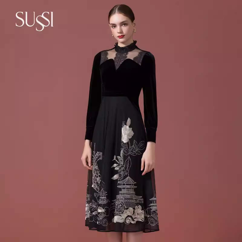 SUSSI/古色秋冬新品长安大都立连衣裙收腰显瘦国风新中式