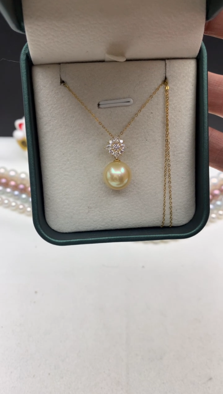18K金镶嵌ff海水珍珠金珠吊坠(赠链）11~12mm