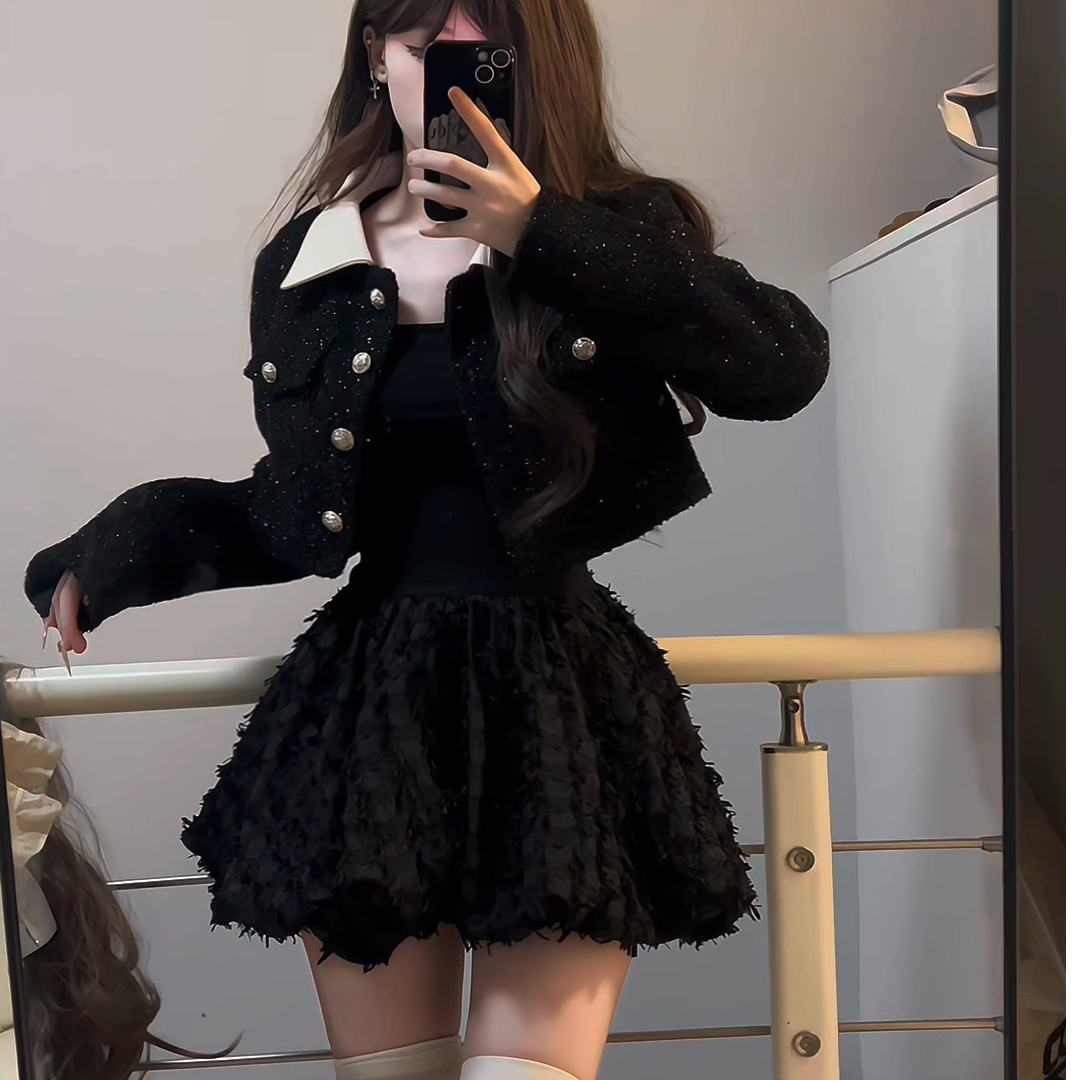 iqcq气球熊富家千金小香风细闪短外套修身上衣显瘦花苞裙两件套女