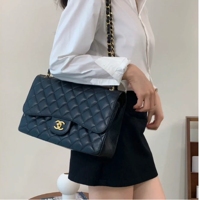 95新 Chanel/香奈儿 【黑黑】CF 口盖包 JUMBO 黑色 14开 金扣