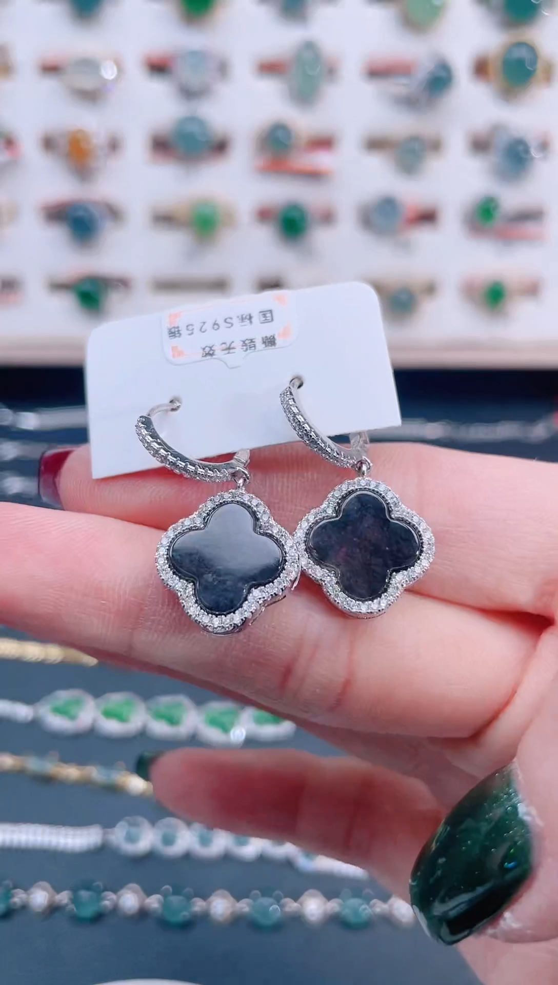 银S925镶嵌翡翠耳饰天然翡翠